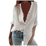 JEUROT Summer Linen Shirts for Women Plus Size 3/4 Sleeve Womens Tops Button Down Blouse Loose Fit Dressy Casual Tunics Solid Color Comfy Basic Tee Beach Vacation Outfits (White, XXXXXL)