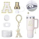 Mity rain 6pcs Cup Accessories Set for Stanley Cup 30 oz 40 oz Tumbler with Handle, Including Straw Cover Cap, Cup Initials Charm, Sticker, Silicone Boot, Round and Square Spill Proof Stopper,Letter A