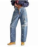 LifeShe Women's Baggy Barrel Jeans Casual Boyfriend Mid Rise Drawstring Wide Leg Denim Pants A-Light Blue