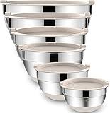 Umite Chef Mixing Bowls with Airtight Lids, 6 piece Stainless Steel Metal Nesting Storage Bowls, Non-Slip Bottoms Size 7, 3.5, 2.5, 2.0,1.5, 1QT, Great for Mixing & Serving (Khaki)