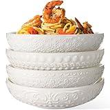 Wareland Pasta Bowls, 32oz Salad Bowls Set of 4, White Ceramic Soup Bowls 8 Inch Embossment Large Serving Bowl Wide and Shallow Bowls for Kitchen, Microwave & Dishwasher Safe (Multiple Patterns)