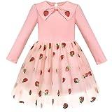 Sunny Fashion Girls Dress Pink Strawberry Sequin Skirt Applique Bow Long Sleeve Size 5