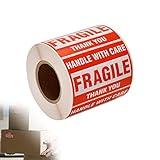 [1 Roll, 500 Labels] 2" x 3" Fragile Stickers Handle with Care Warning Packing/Shipping Labels - Permanent Adhesive