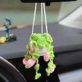 MENGSOOD Car Hanging Ornament Cute Crochet Plant Rear View Mirror Pendant Decoration Handmade Knitted Mirror Hanging Car Interior Accessories Gardening Hanging (Pink Leaf)