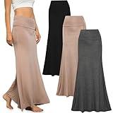 Free to Live 3 Pack Long Skirts for Women Fall Winter Flowy Maxi Skirt High Waist Fold Over (Large, Black, Charcoal, Mocha)