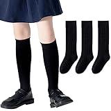 Girls & Boys Knee High Cable Knit Socks - 3 Pairs Seamless Cotton Tube Socks for School Uniform & Soccer (Black, 5-7 Years)