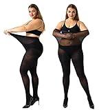 MANZI Women's Control Top Plus Size Tights for Women High Waist Opaque Pantyhose 2 Pairs Black XX-Large