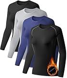 TELALEO 4 Pack Women's Thermal Shirts Fleece Lined Tops Long Sleeve Compression Workout Baselayer for Cold Weather 2BGB Medium