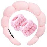 Zkptops Spa Headband for Washing Face Wristband Sponge Makeup Skincare Headband Terry Cloth Bubble Soft Get Ready Hairband for Women Girl Puffy Padded Headwear Non Slip Thick Hair Accessory(Pink)