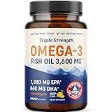 Triple Strength Omega 3 Fish Oil 3600 mg | EPA & DHA | Over 2100mg Omega-3 Fatty Acids | 1300mg EPA + 860mg DHA | Best Essential Fatty Acids | Premium Burpless Fish Oil Omega 3 Supplements (120 Ct)