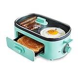 GreenLife 3-in-1 Breakfast Maker Station, Healthy Ceramic Nonstick Dual Griddles for Eggs Meat Sausage Bacon Pancakes and Breakfast Sandwiches, 2 Slice Toast Drawer, Easy-to-use Timer, Turquoise