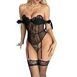 CAZEOUU Sexy Sheer Black Lace Teddy with Strappy Bow Accent - Erotic Set for Women, Easy Access Design & Seductive Allure