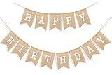 Uniwish Happy Birthday Burlap Banner Neutral Happy Birthday Party Decorations Boho Rustic Bunting Sign Swallowtail Flags, 2 in 1
