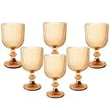 Vintage Wine Glasses Set of 6, 11 Ounces Colored Glass Water Goblets, Colorful Unique Embossed Pattern High Clear Stemmed Glassware Wedding Party Bar Glass Drinking Cups Vertical Line Gold Amber