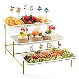 Lifewit Plastic 3 Tier Serving Tray for Party Supplies, 12" x 6.5" Crack-Proof Platters for Serving Food, White Reusable Trays with Gold Metal Display Stand for Veggie, Fruit, Cookies, Dessert