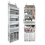 Door Hanging Storage Organizer,with 3 Bins 1 Movable Baby Diaper Caddy,1 Large capacity diaper stacking storage Organizer,10 Side Pockets ,Bedroom Door Storage for Nursery Baby Essentials.Grey 1 Pack.