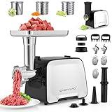 CHEFFANO Life Electric Meat Grinder, 2000W Max Sausage Stuffer Maker, Vegetable Cheese Grater with 3 Shredder Slicer Blades, 2 Blades, 3 Plates, Sausage Tube, 2 Meat Claws, Burger Press & Kubbe Kit