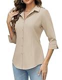 HOTOUCH Button Down Work Shirts for Women 3/4 Sleeve Button Up Blouse V Neck Button Down Blouses for Lady Khaki XXL