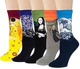 Chalier 4 Pairs Womens Famous Painting Art Printed Funny Casual Cotton Crew Socks,Free size