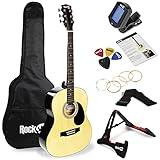 RockJam Acoustic Guitar Superkit Includes Stand, Gig Bag, Tuner, Picks, Plectrum Holder, Spare Strings & Online Lessons 6 Pack, Right, Natural, Full (RJW-101-N-PK)