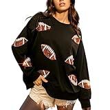 Xunger Women’s Football Print Sequin Sweatshirt Crewneck Oversized Long Sleeve Pullover Tops Gameday Sweatshirts(0891-Black-L-RD)