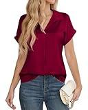 Short Sleeved Blouses for Women 2025 Professional Clothes Womens Lapel Formal Work Dress Shirts Business Casual Tunics Ladies Office Summer Tops Satin V Neck Flowy Career Loose Blouse Wine Red XL