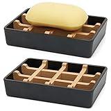 Bamboo Soap Dishes for Shower with Drainage Wooden Soap Bar Holder for Bathroom Soap Tray Easy to Clean, Durable and with Non-Slip Pads(Single Black Square)
