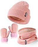 Baby Beanie Mittens Scarf Set Girls Boys, Toddler Winter Hat and Gloves Neck Warmer Set Knit Warm with Fleece Lining, Kids Cold Weather Accessories Sets for Children Infant(Pink,6-36 Months)