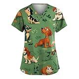 Animal Scrub Tops Women Cute Cartoon Print Medical Scrub Tops Fun Plus Working Uniform — Dinosaur Dog Cat Alpaca Etc