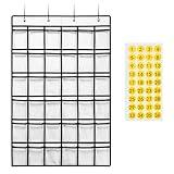 SAVERHO 36 Clear Pockets Classroom Pocket Chart for Cell Phones, Pocket Chart for Calculator Phone Holder with 36 Number Stickers and Hooks (White)