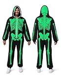 Spooktacular Creations Halloween Skeleton Pajama Glow in the Dark, Adult Men Skeleton Costume, Zip Up Hooded Jumpsuit, Glow in the Dark Skull Costume for Adult Men Halloween Cosplay Themed Party