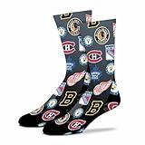 For Bare Feet Adult NHL Original 6 All Over Logo Crew Socks, Unisex Footwear, Hockey Apparel, Montage Design (Original Six - Black, Adult Large)