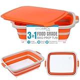 BIRDROCK HOME Collapsible Large BBQ Prep Tub w/Cutting Board, Multi-Function Grill Caddy w/Colander & Lid, Portable Silicone Dish Bowl for Picnic, Tailgate, Camping - Orange