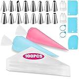 Piping Bags and Tips Set, Cakes Decorating Supplies Kit with 100pcs 12 Inch Pastry Bags, 16 Piping Tips, 3 Cake Scraper, 2 Couplers, 2 Bag Ties, Simple and Convenient Baking Supplies Set