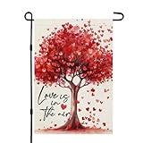 CROWNED BEAUTY Valentines Day Garden Flag 12x18 Inch Double Sided for Outside Small Burlap Red Love Heart Tree Holiday Yard Decoration