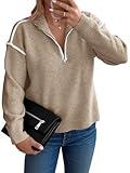 Saodimallsu Womens Quarter Zip Pullover Sweaters Casual Collared V Neck Color Block Long Sleeve Loose Knit Fall Sweater Khaki