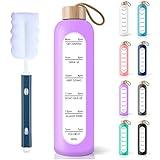 PROBTTL 32 Oz Borosilicate Glass Water Bottle with Time Marker Reminder Quotes, 1 Liter Leak Proof Reusable BPA Free Motivational Water Bottles with Silicone Sleeve and Bamboo Lid (Violet)