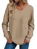 Trendy Queen Womens Long Sleeve Tops Casual Shirts V Neck Clothing Fall Fashion Clothes with Pocket Coffee Grey XL