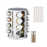 Relaxdays Spice Carousel, 16 Jars, 40 Labels, 360° Rotatable, Stainless Steel, Glass, HxØ: 29x22cm, Counter Rack, Silver, 29 x 22 x 22 cm