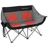 REALEAD Heated Double Camping Chair, 3 Heat Levels and 4 Heating Zones, Portable Heated Loveseat Chair for Outdoor Sports Support 650lbs, Heated Folding Chairs for Outside, Battery NOT Included