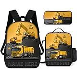 ASD Jewerly 3Pcs Set Personalized Engineering Vehicles themed Backpack Bag Gift, Custom Name Construction Vehicles Themed Excavator Truck Print Casual Backpack Laptop Daypack Bag
