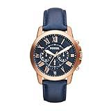 Fossil Men's Grant Quartz Stainless Steel and Leather Chronograph Watch, Color: Rose Gold, Navy (Model: FS4835)