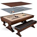 7' 3 in 1 Multi Game Pool Table with Dining Top Pool Ping Pong Table Combo with Dual Storage Bench Seating. Includes Billiards, Ping Pong Accessories. Dust Cover Included.