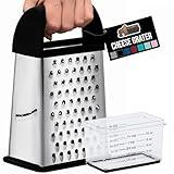 GORILLA GRIP XL 4-Sided Cheese Grater With Container, 100% BPA-Free Stainless Steel Box Graters, Parmesan Shredder, Grate Cheeses, Shred Veggies, Slip Resistant Handle, Dishwasher Safe Zester, Black
