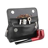 Genuine Leather Smoking Tobacco Pipe Pouch Case Bag for 2 Pipes Tamper Filter Tool Cleaner Preserve Freshness (Black)