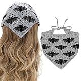 BQSAZHYJ Gothic Crochet Headbands Bat Pattern Bandana for Women, Cotton Knit Triangle Headband Greyscale Halloween Style Head Scarf Christmas Vintage Crochet Hair Styling Decor