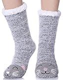 LANLEO Fuzzy Slipper Socks For Women with Grippers Winter Warm Thick Plush Fleece Lining Non Slip Christmas Home Socks (Cat)