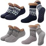 Cutecrop 4 Pairs Fuzzy Slipper Socks with Grips - Winter Thermal, Fleece Lined Non Slip Indoor Floor Socks, Christmas Holiday Gifts for Family
