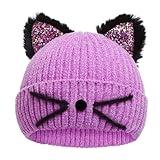 Kids Girls Sequin Cat Ears Hats Winter Knitted Beanie Hat for Outdoor Snow Ski Skull Cap Ages 7-12