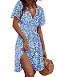 FENSACE Summer Dresses for Women 2025 Sundress Floral Fit and Flare Spring Dress(Blue,Large)